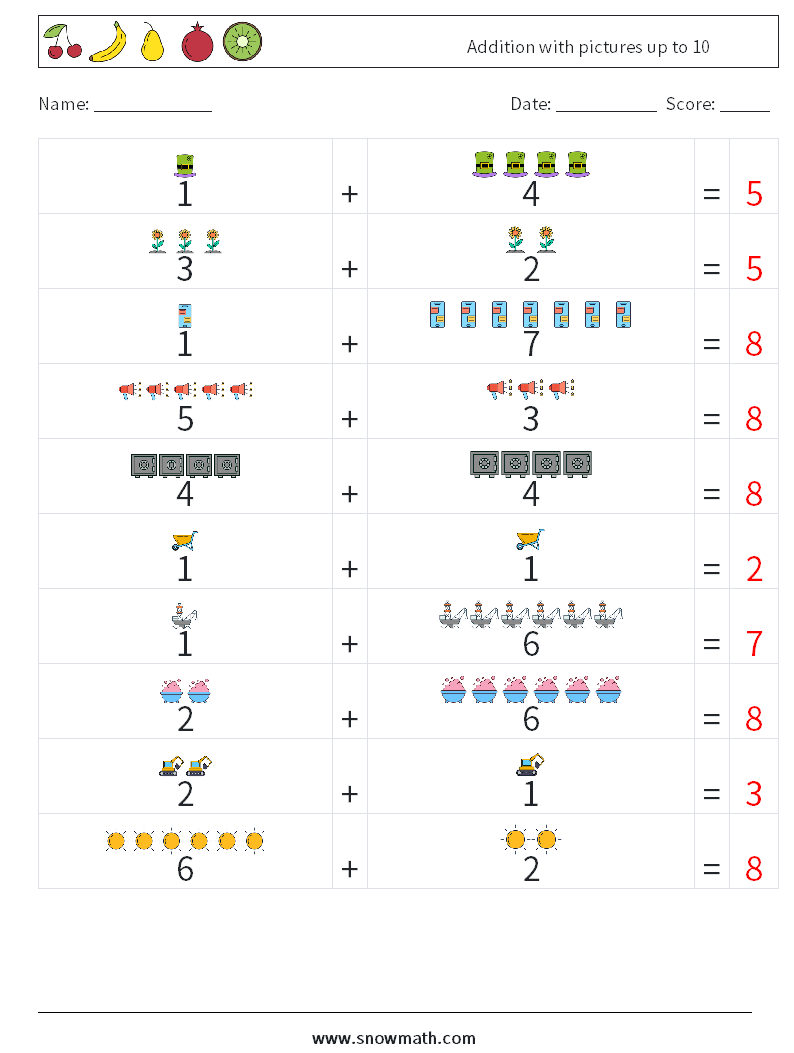 Addition with pictures up to 10 Math Worksheets 7 Question, Answer