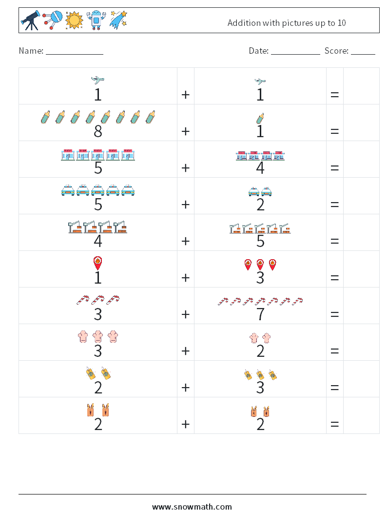 Addition with pictures up to 10 Math Worksheets 8