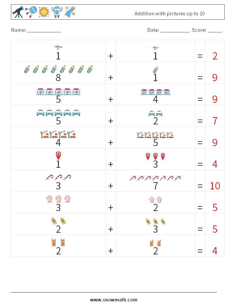 Addition with pictures up to 10 Math Worksheets 8 Question, Answer