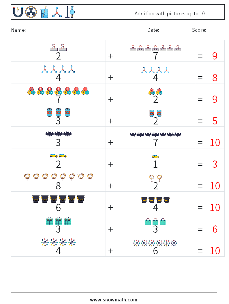 Addition with pictures up to 10 Math Worksheets 9 Question, Answer