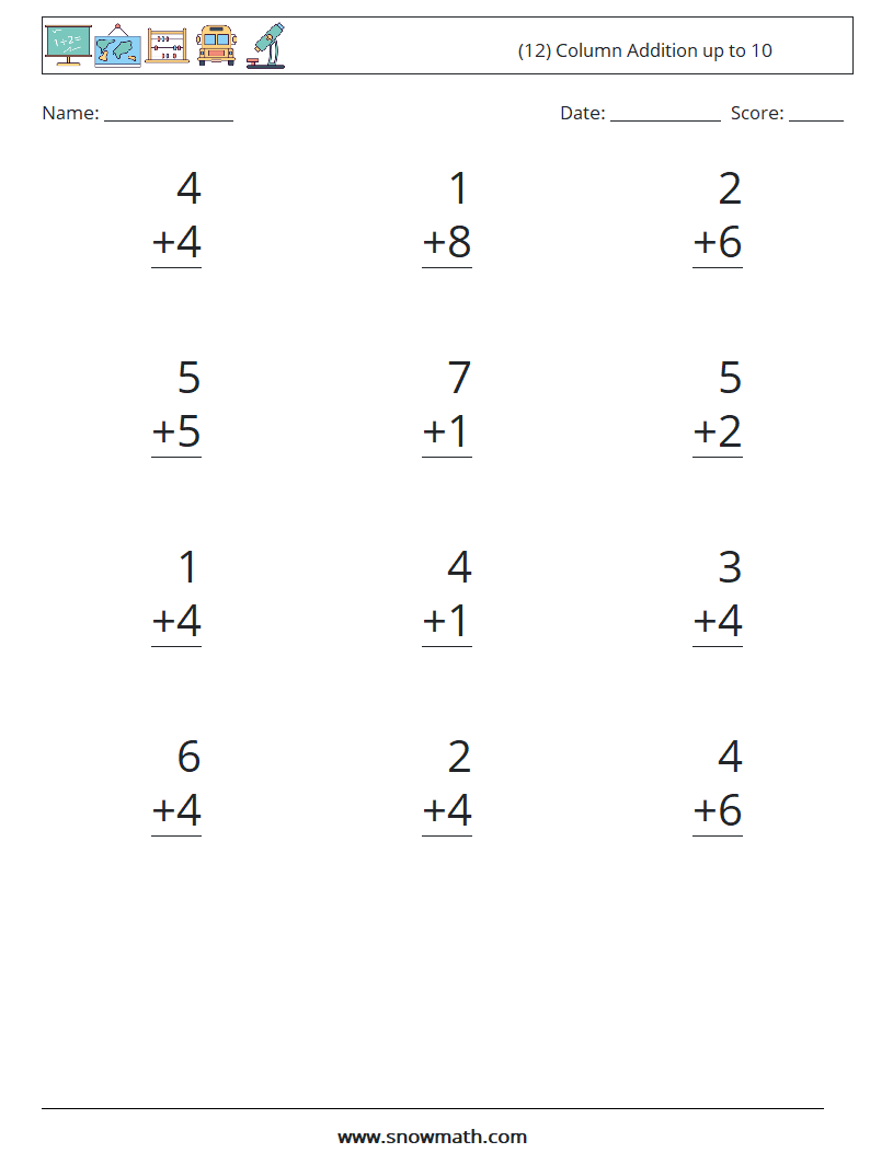 (12) Column Addition up to 10