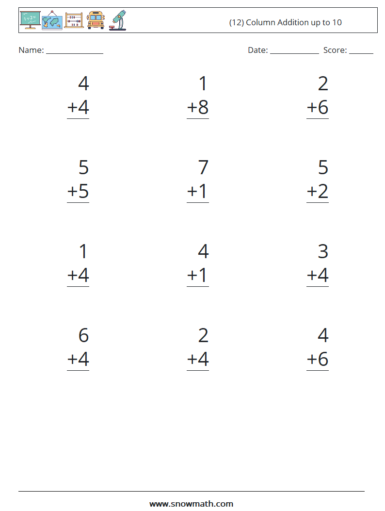 (12) Column Addition up to 10 Math Worksheets 1