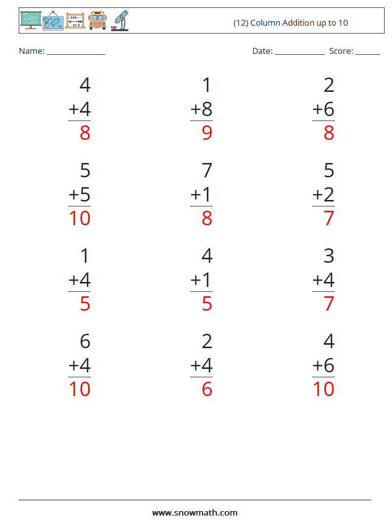 (12) Column Addition up to 10 Math Worksheets 1 Question, Answer