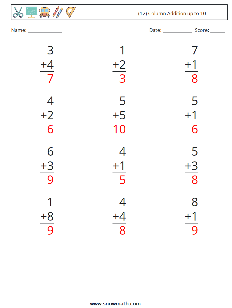 (12) Column Addition up to 10 Math Worksheets 2 Question, Answer