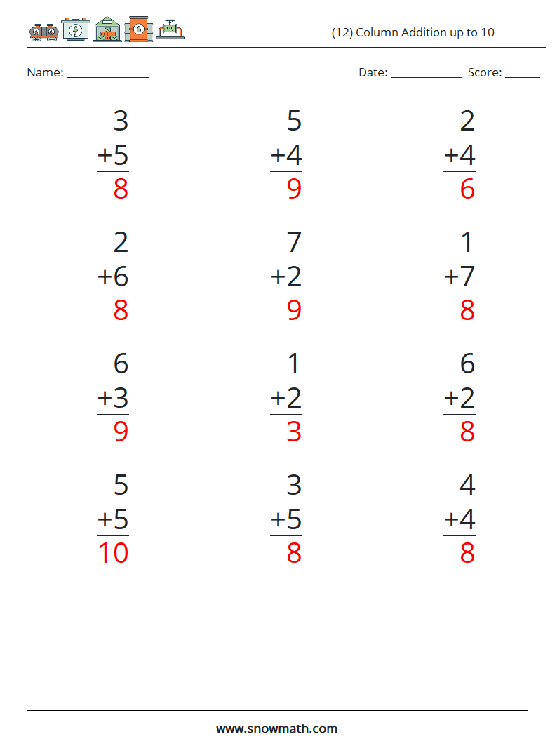 (12) Column Addition up to 10 Math Worksheets 3 Question, Answer