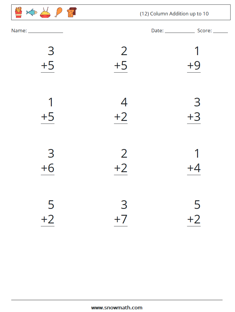 (12) Column Addition up to 10 Math Worksheets 4