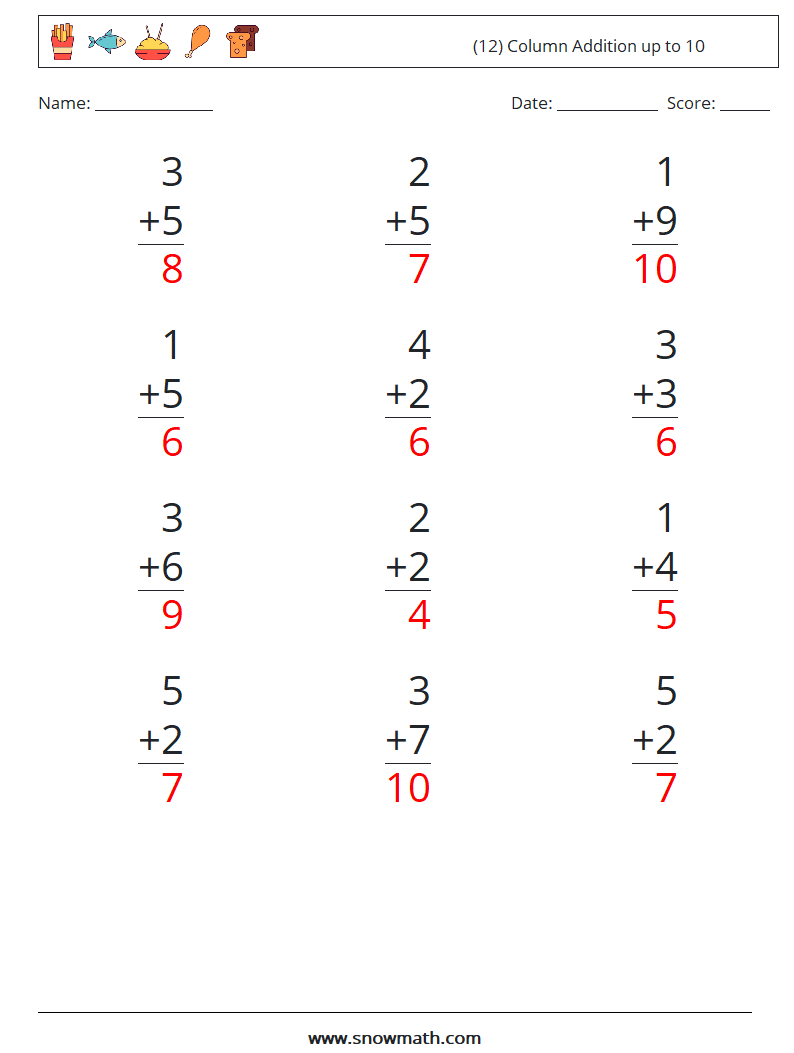 (12) Column Addition up to 10 Math Worksheets 4 Question, Answer