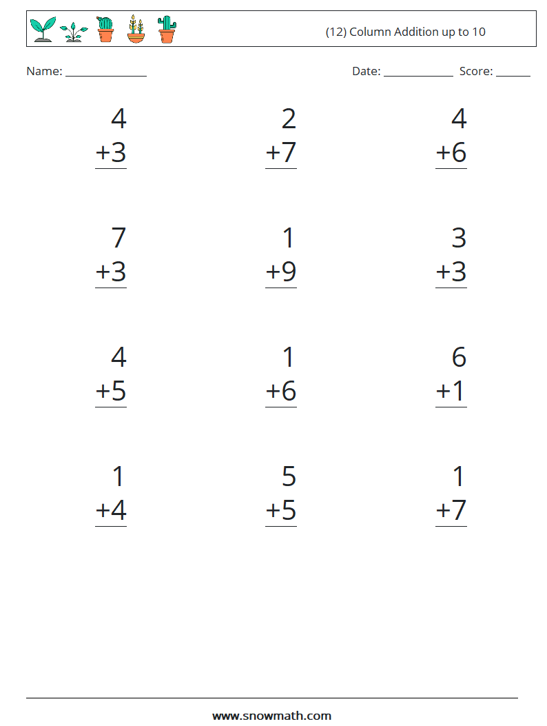 (12) Column Addition up to 10 Maths Worksheets 5