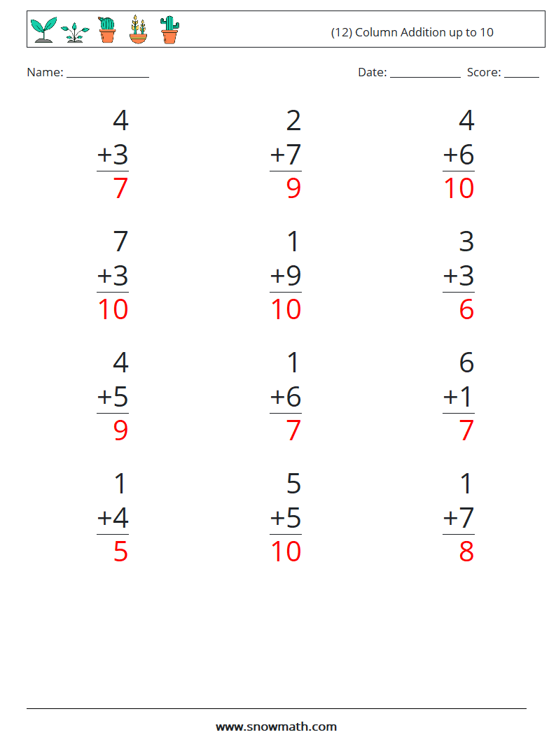 (12) Column Addition up to 10 Math Worksheets 5 Question, Answer