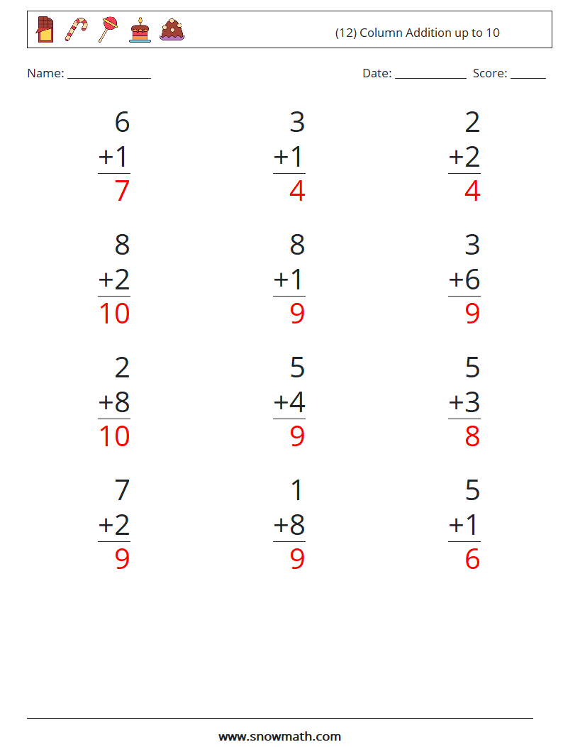 (12) Column Addition up to 10 Math Worksheets 7 Question, Answer
