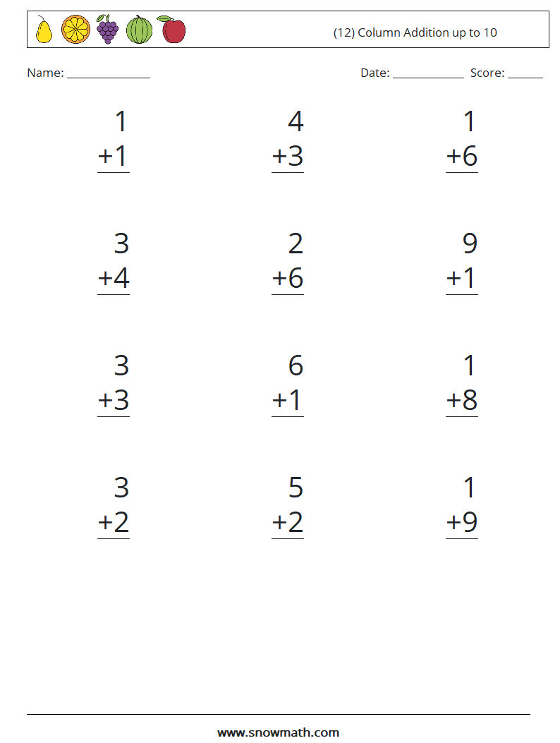 (12) Column Addition up to 10 Maths Worksheets 8