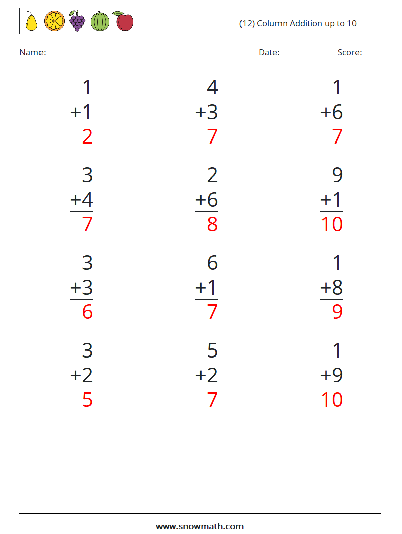 (12) Column Addition up to 10 Math Worksheets 8 Question, Answer