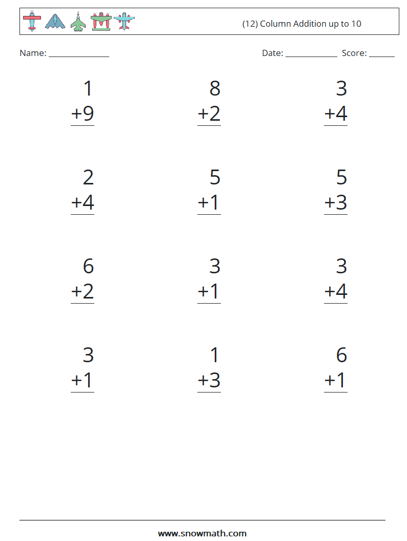 (12) Column Addition up to 10 Math Worksheets 9