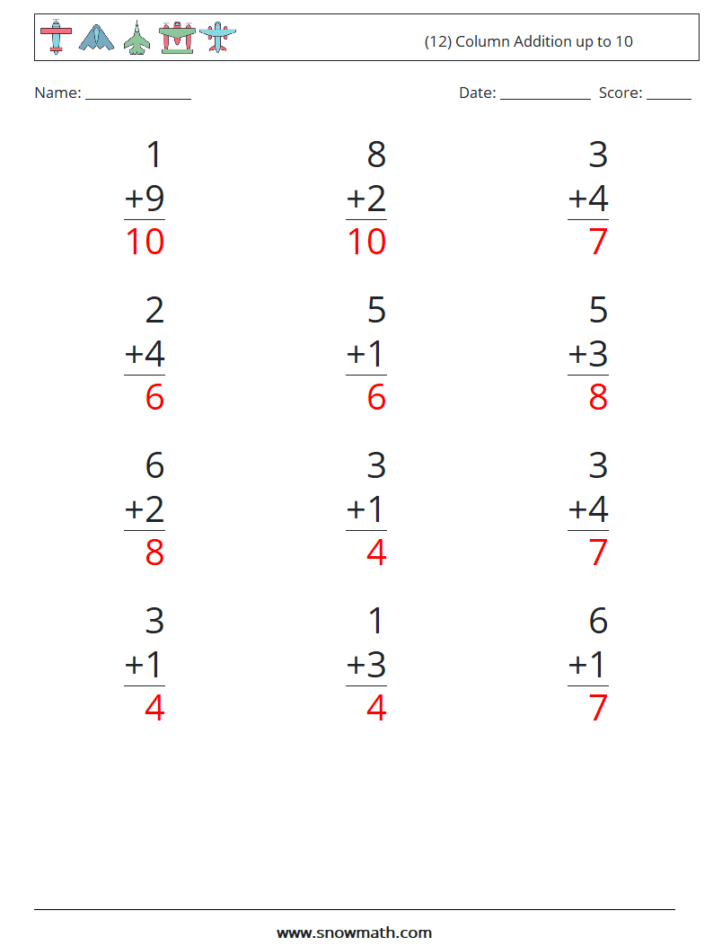 (12) Column Addition up to 10 Math Worksheets 9 Question, Answer