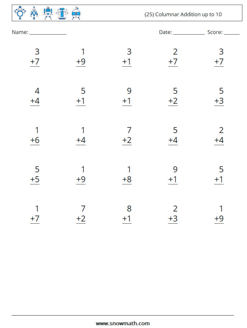 (25) Columnar Addition up to 10 Math Worksheets 1
