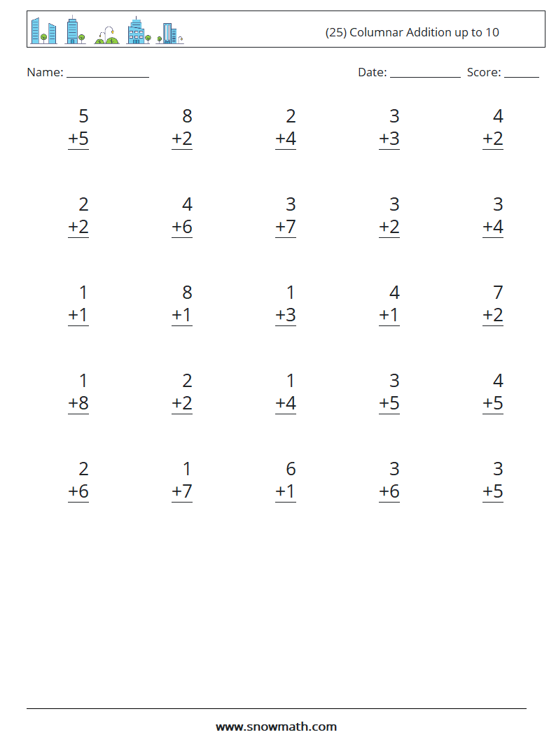 (25) Columnar Addition up to 10 Math Worksheets 2