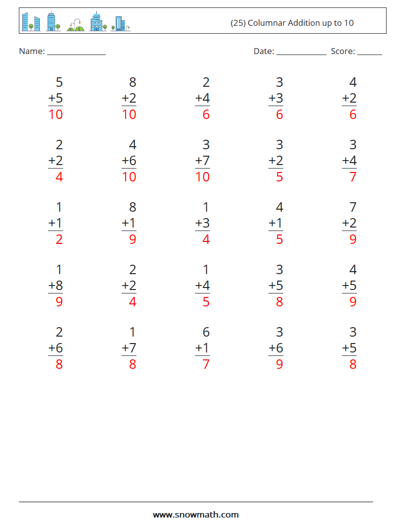 (25) Columnar Addition up to 10 Math Worksheets 2 Question, Answer