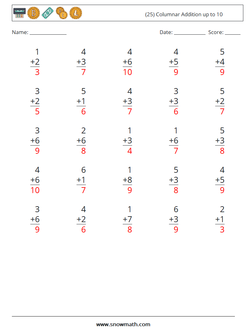 (25) Columnar Addition up to 10 Math Worksheets 3 Question, Answer