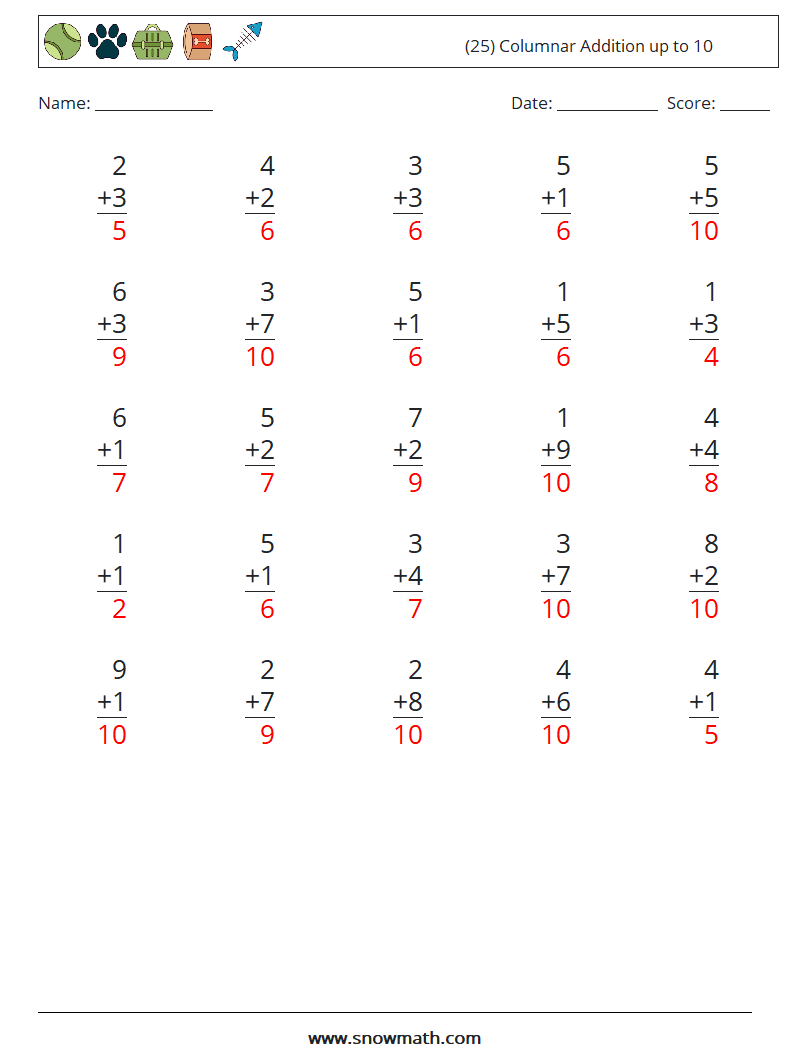 (25) Columnar Addition up to 10 Math Worksheets 4 Question, Answer