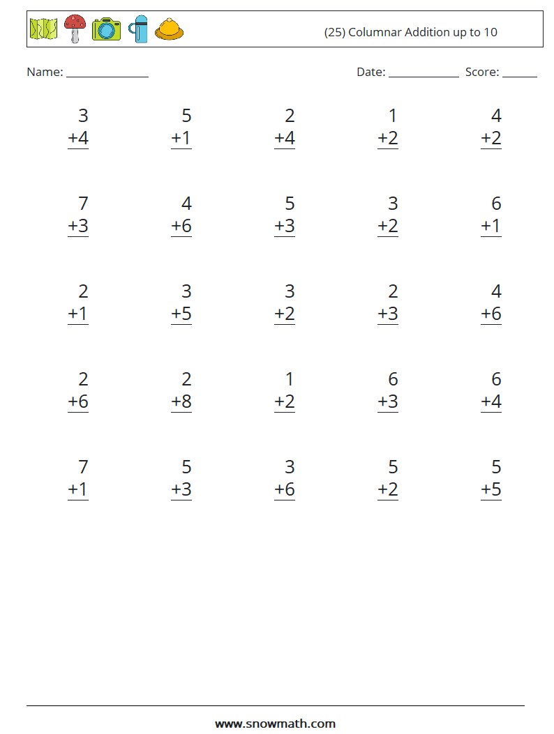 (25) Columnar Addition up to 10 Math Worksheets 6