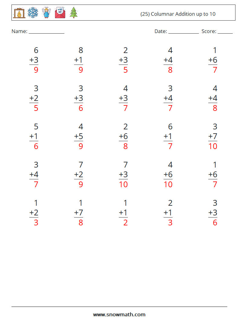 (25) Columnar Addition up to 10 Math Worksheets 8 Question, Answer