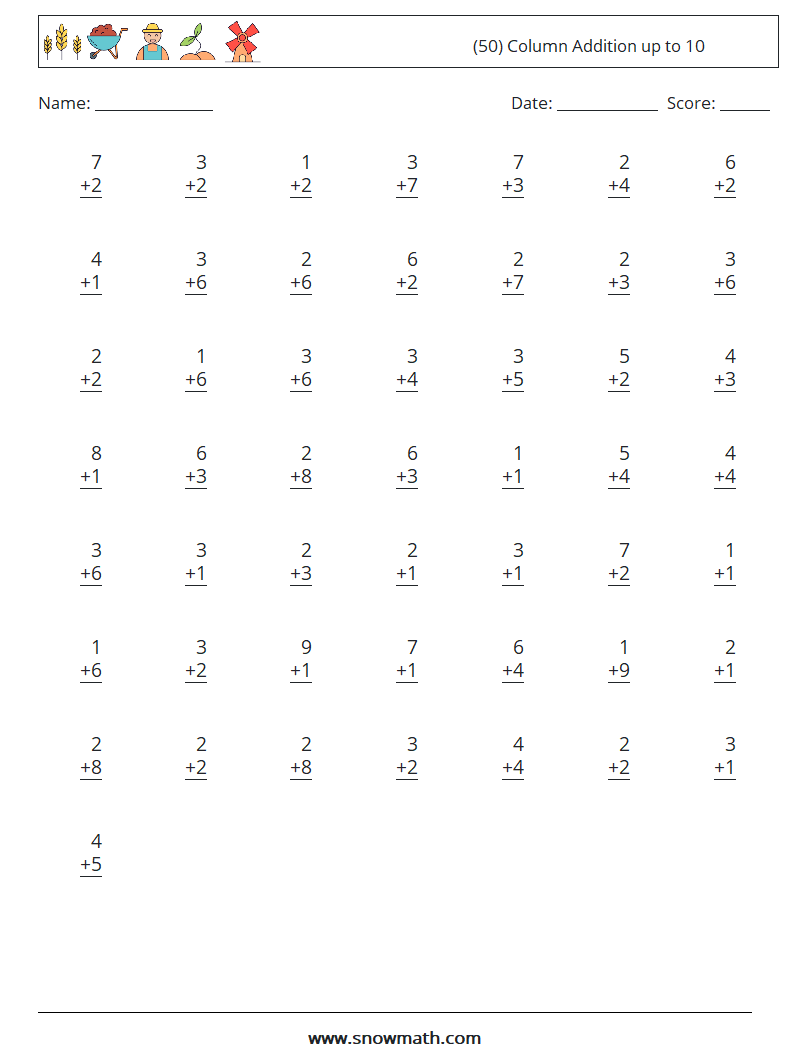 (50) Column Addition up to 10
