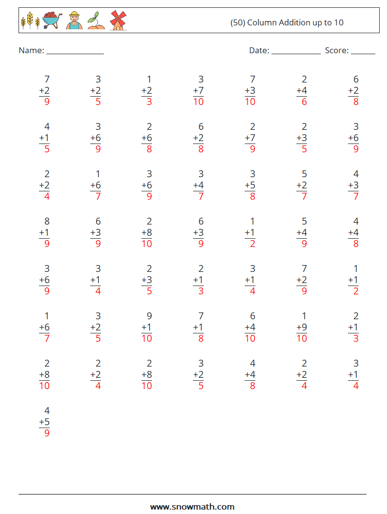 (50) Column Addition up to 10 Math Worksheets 1 Question, Answer