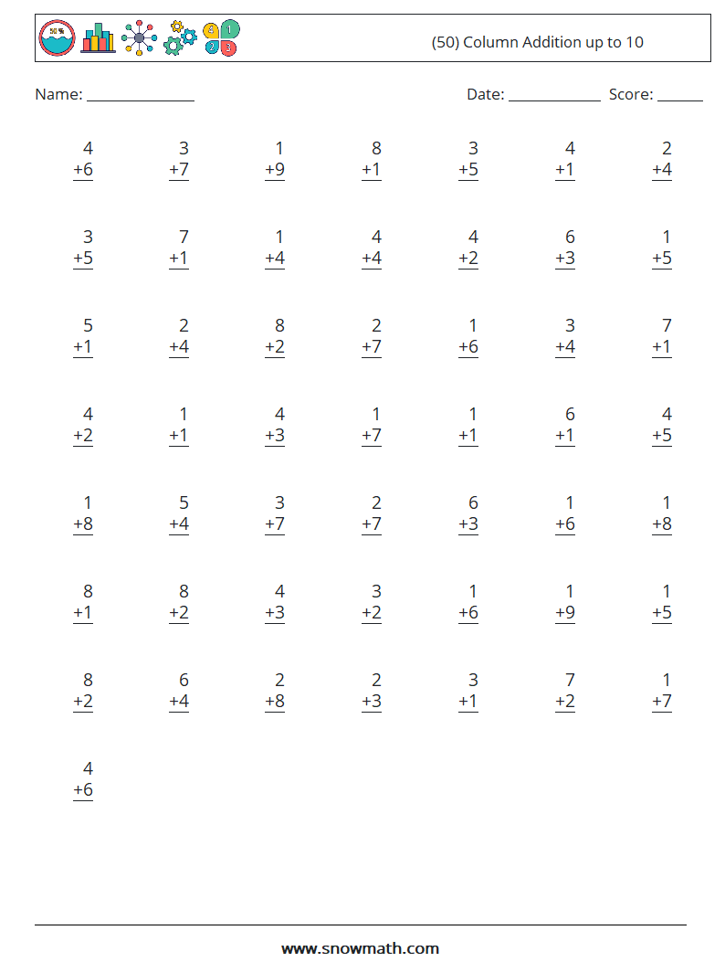 (50) Column Addition up to 10 Math Worksheets 2