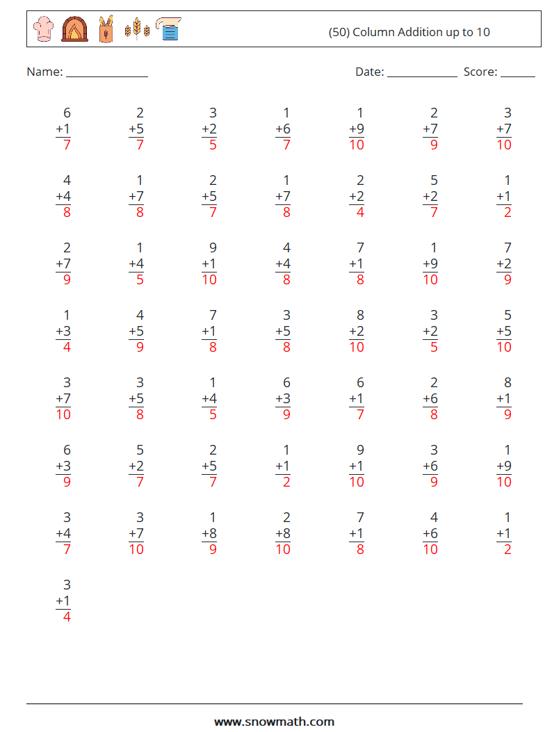 (50) Column Addition up to 10 Math Worksheets 4 Question, Answer