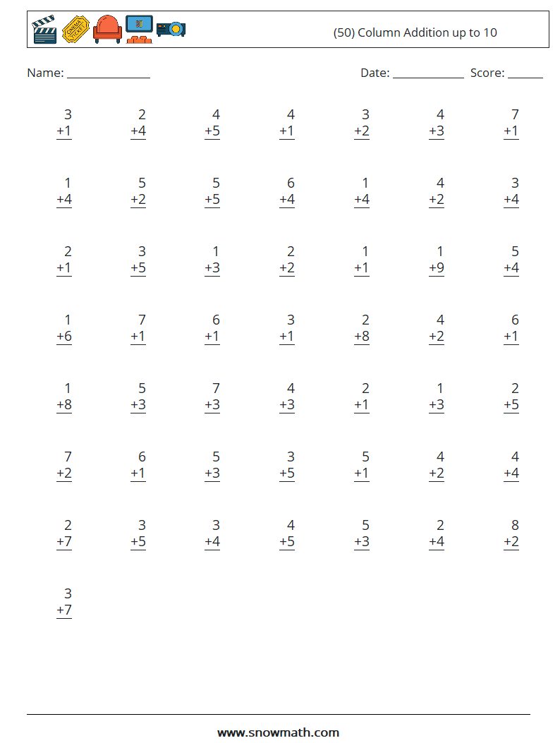 (50) Column Addition up to 10 Math Worksheets 5