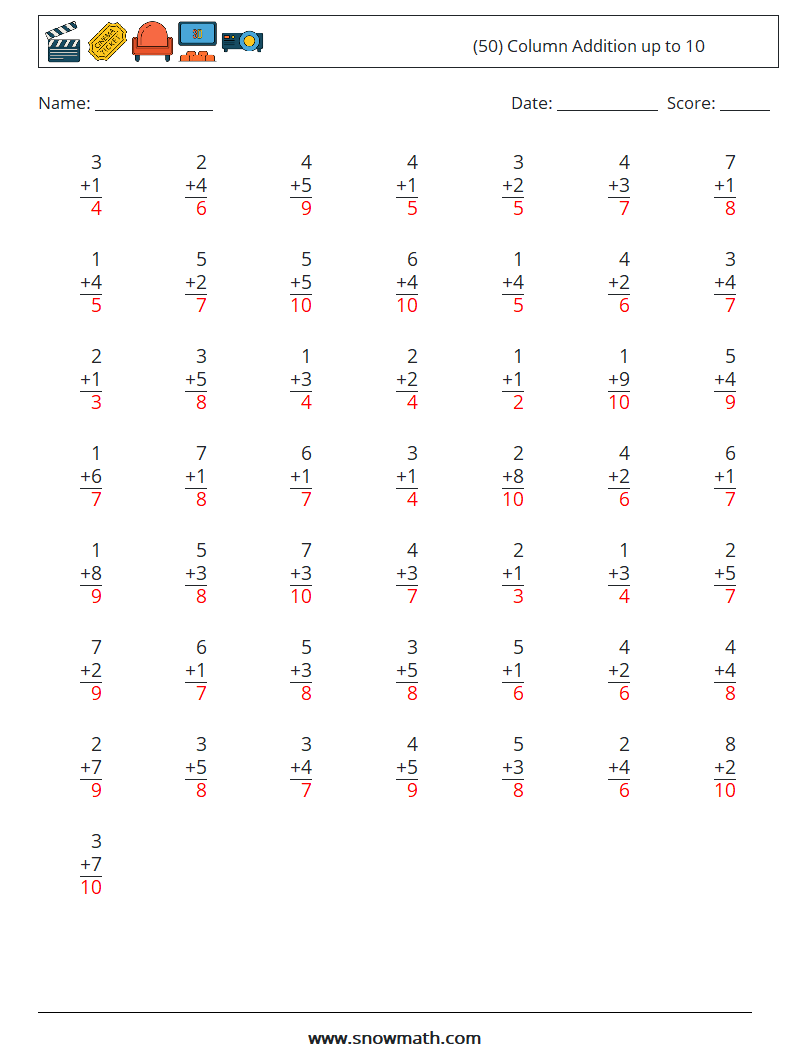 (50) Column Addition up to 10 Math Worksheets 5 Question, Answer