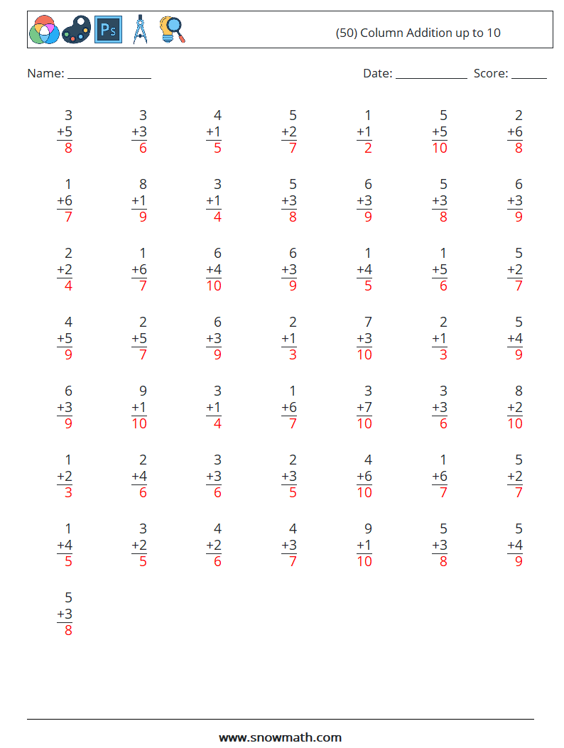 (50) Column Addition up to 10 Math Worksheets 6 Question, Answer