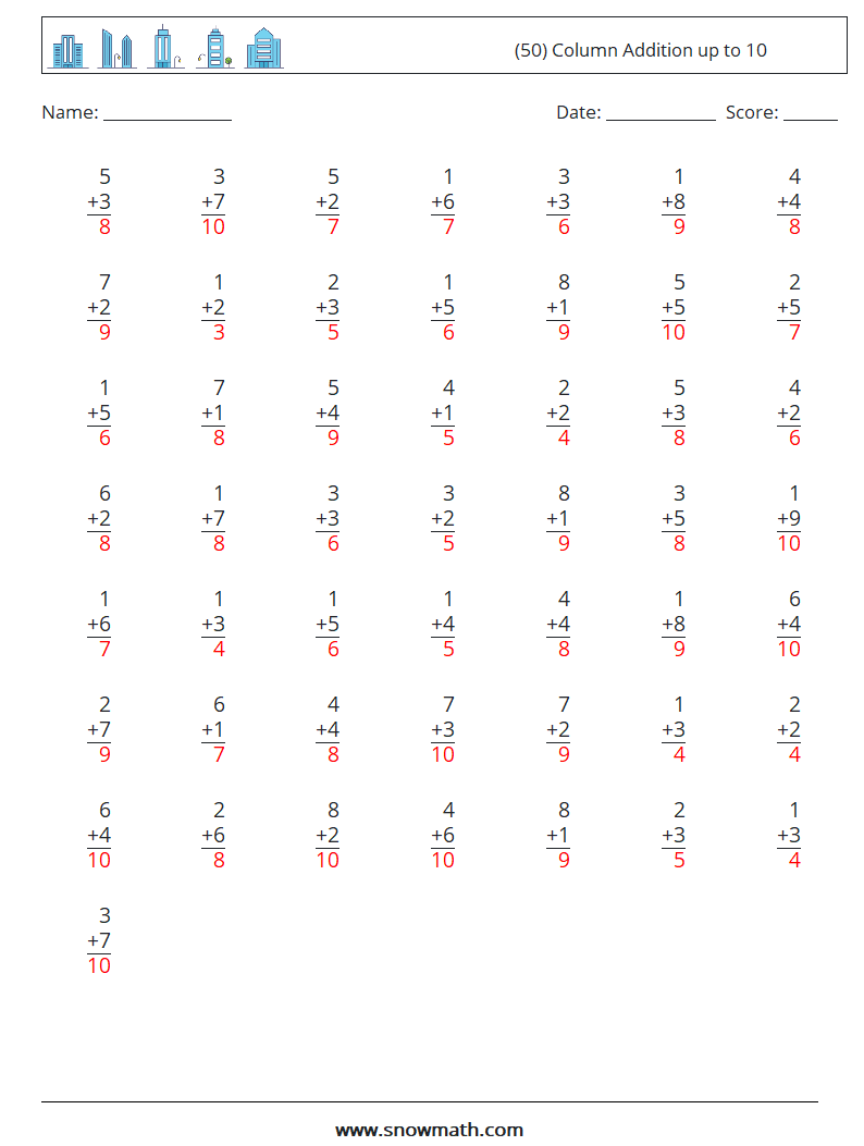 (50) Column Addition up to 10 Math Worksheets 7 Question, Answer