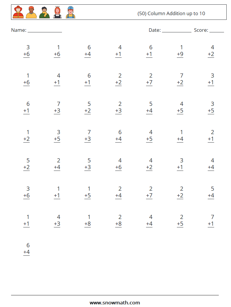 (50) Column Addition up to 10 Maths Worksheets 8