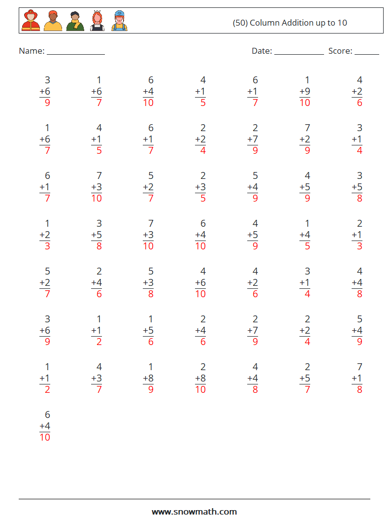 (50) Column Addition up to 10 Math Worksheets 8 Question, Answer