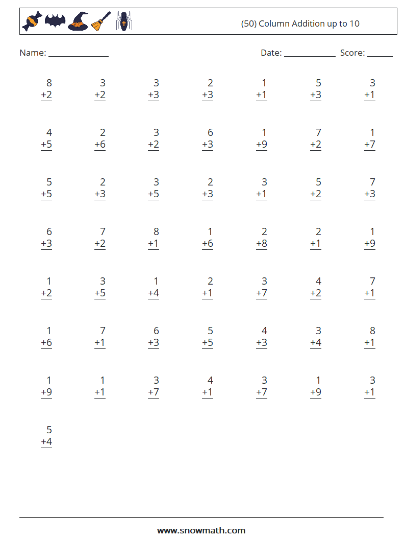 (50) Column Addition up to 10 Maths Worksheets 9