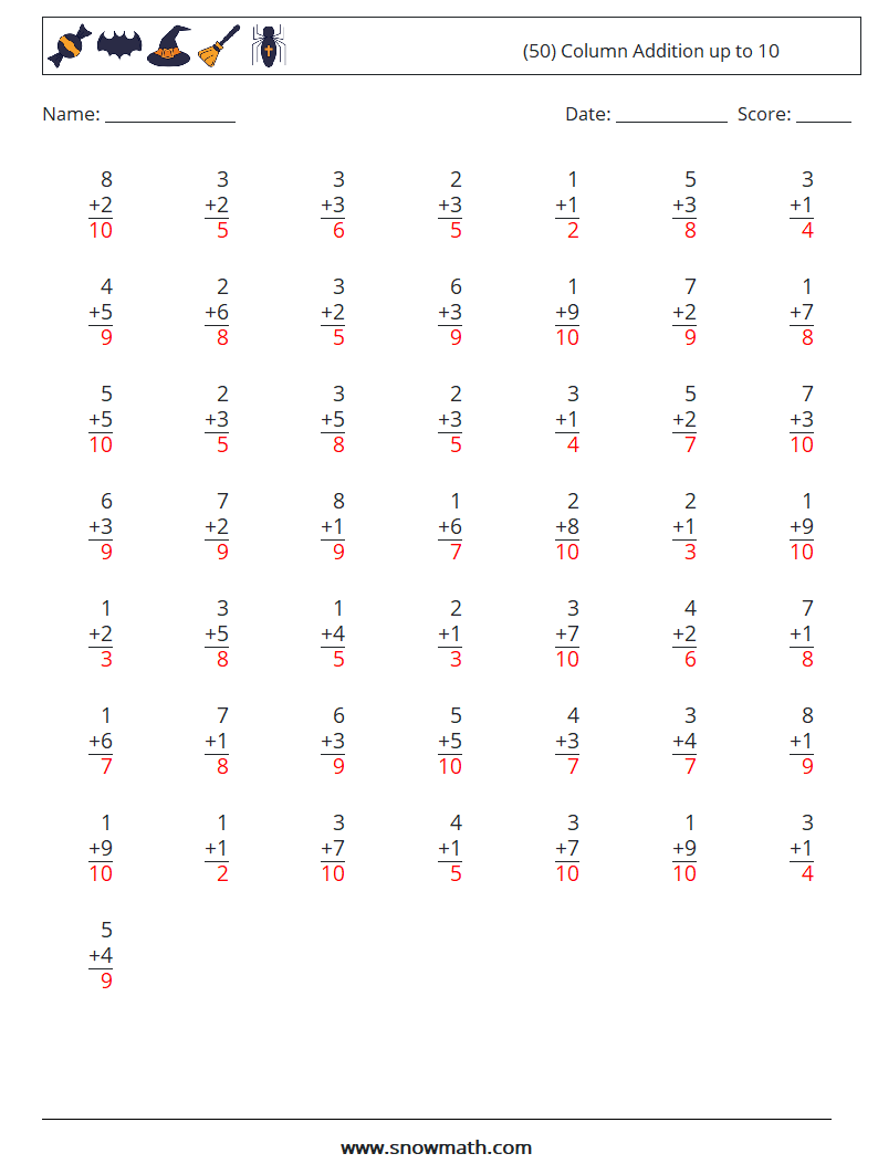 (50) Column Addition up to 10 Math Worksheets 9 Question, Answer