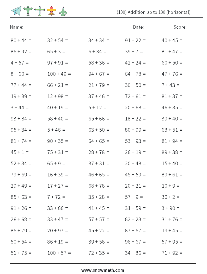 (100) Addition up to 100 (horizontal) Maths Worksheets 1