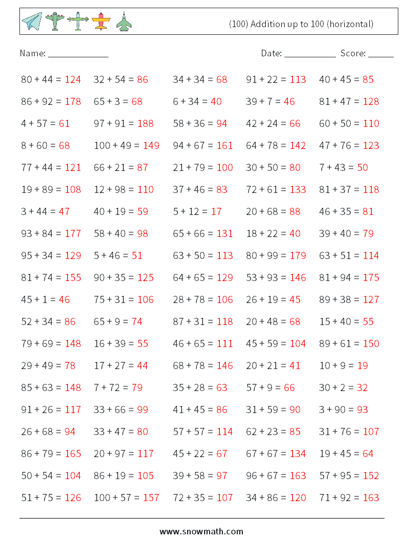 (100) Addition up to 100 (horizontal) Math Worksheets 1 Question, Answer