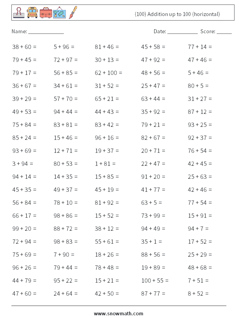 (100) Addition up to 100 (horizontal) Maths Worksheets 2