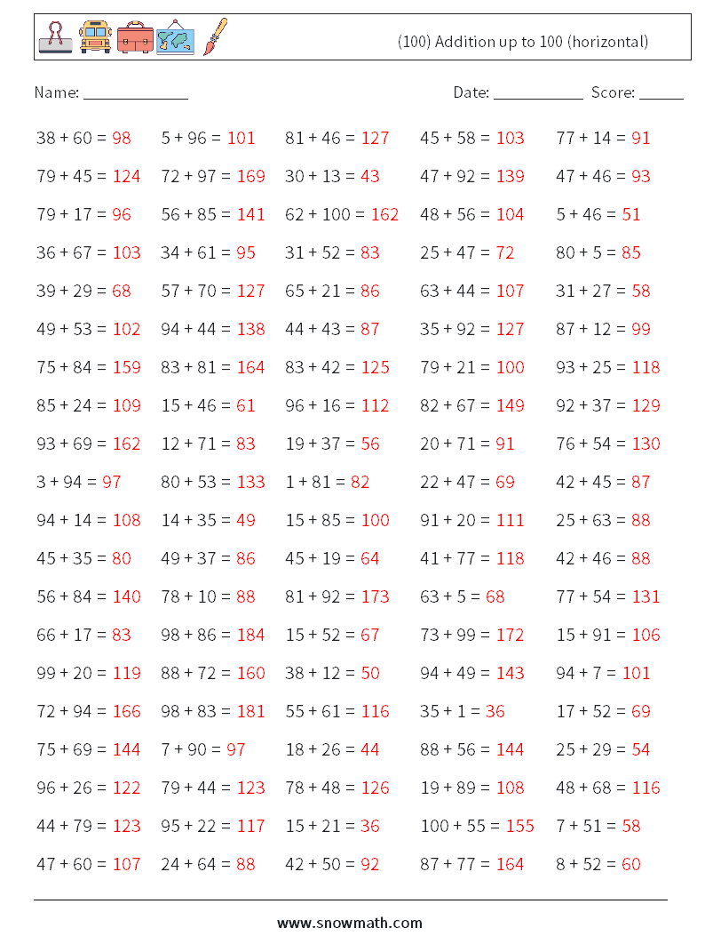 (100) Addition up to 100 (horizontal) Math Worksheets 2 Question, Answer