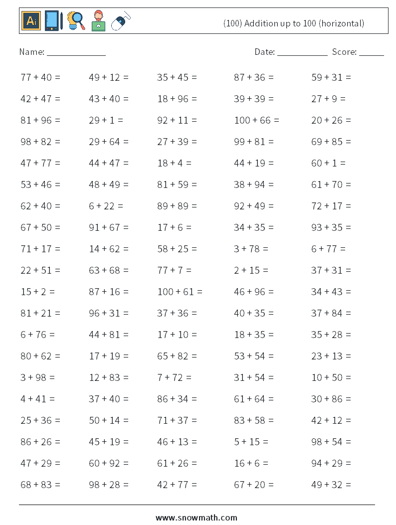 (100) Addition up to 100 (horizontal) Maths Worksheets 3