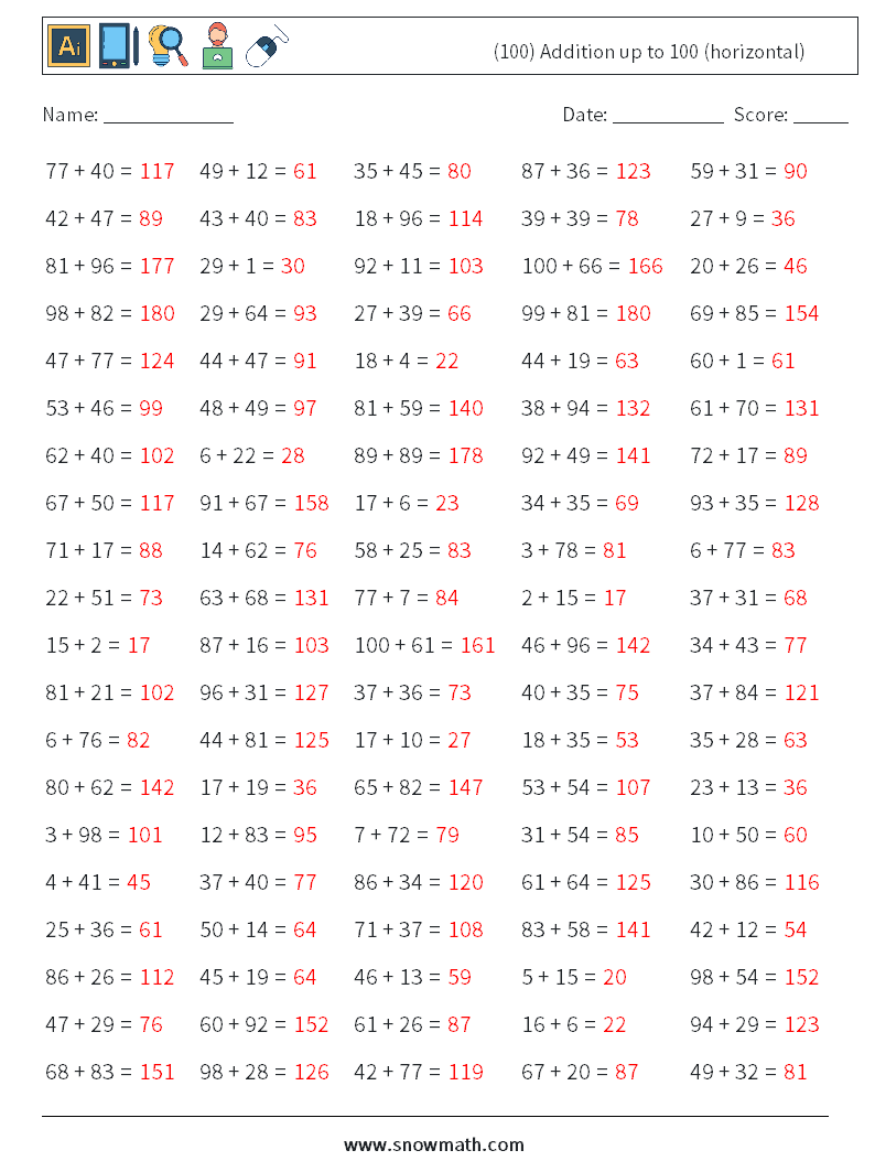 (100) Addition up to 100 (horizontal) Math Worksheets 3 Question, Answer