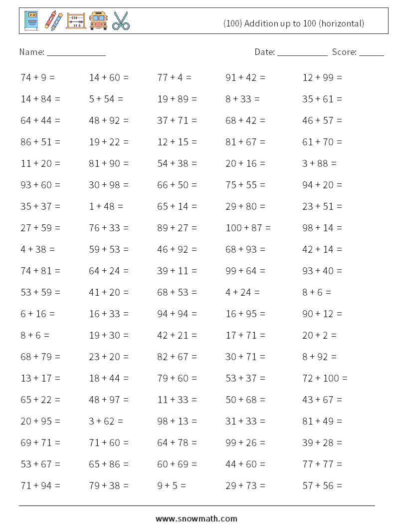 (100) Addition up to 100 (horizontal) Maths Worksheets 4