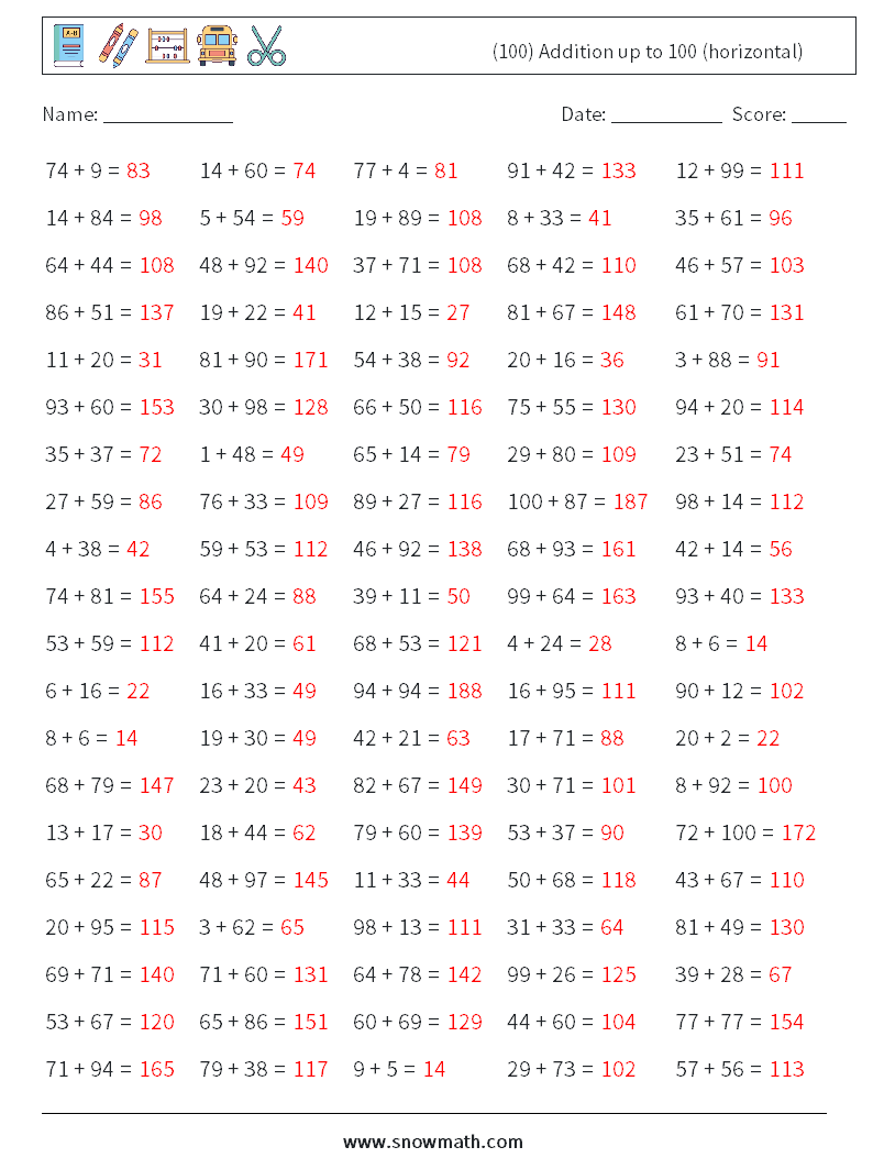 (100) Addition up to 100 (horizontal) Math Worksheets 4 Question, Answer