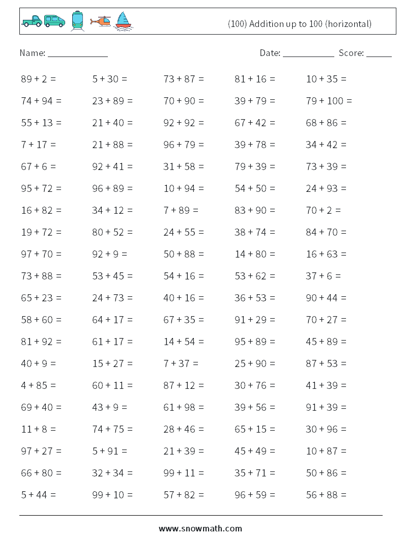 (100) Addition up to 100 (horizontal) Maths Worksheets 5