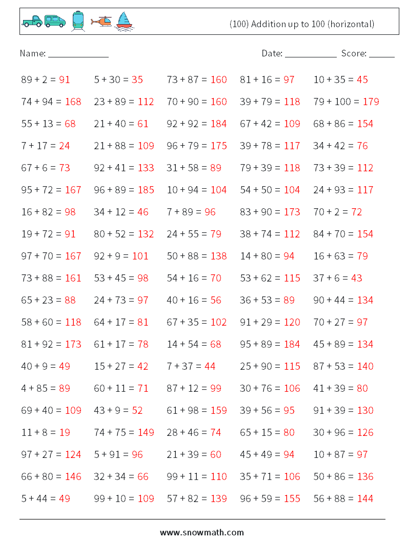 (100) Addition up to 100 (horizontal) Math Worksheets 5 Question, Answer