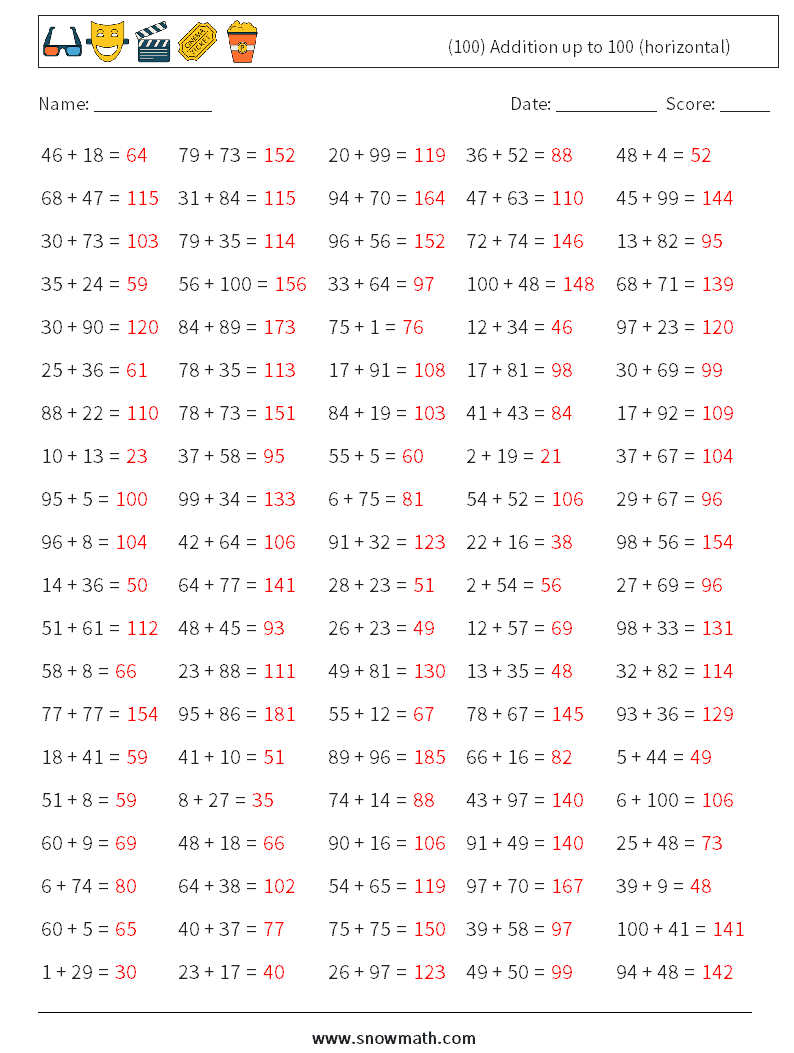 (100) Addition up to 100 (horizontal) Math Worksheets 6 Question, Answer