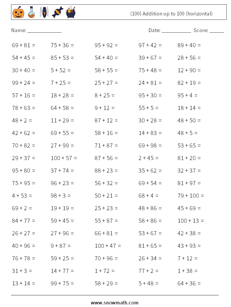 (100) Addition up to 100 (horizontal) Maths Worksheets 7