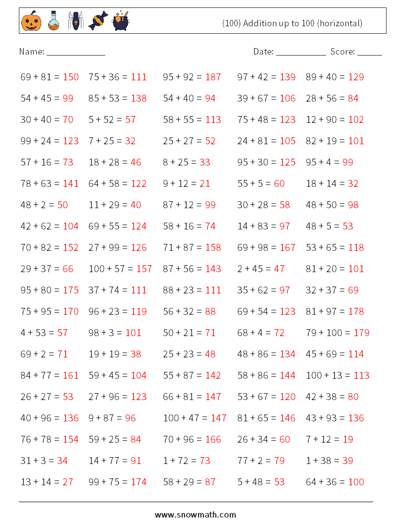 (100) Addition up to 100 (horizontal) Math Worksheets 7 Question, Answer